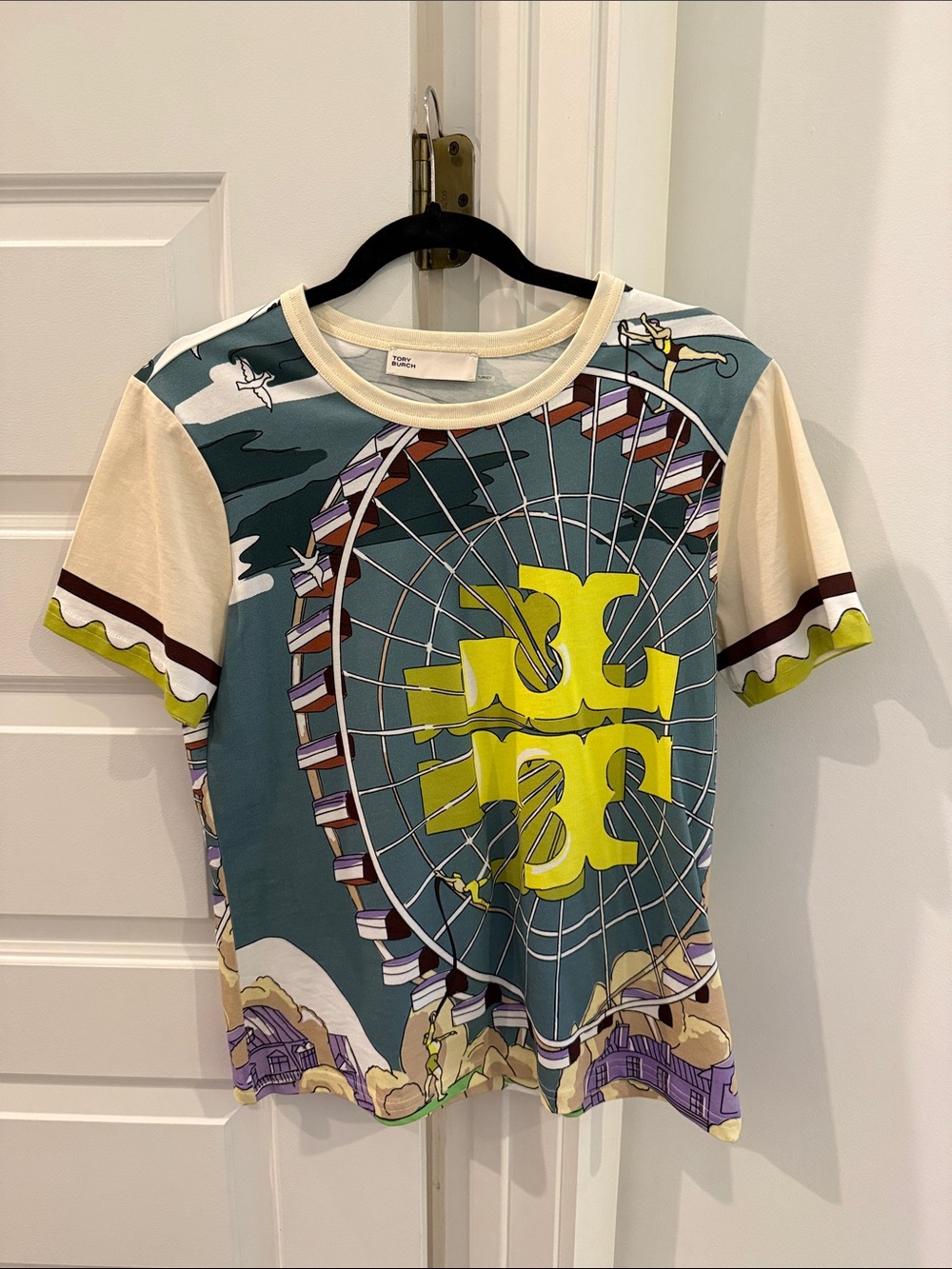 Tory Burch Graphic Short Sleeve Tee in Teal, Yellow & Cream